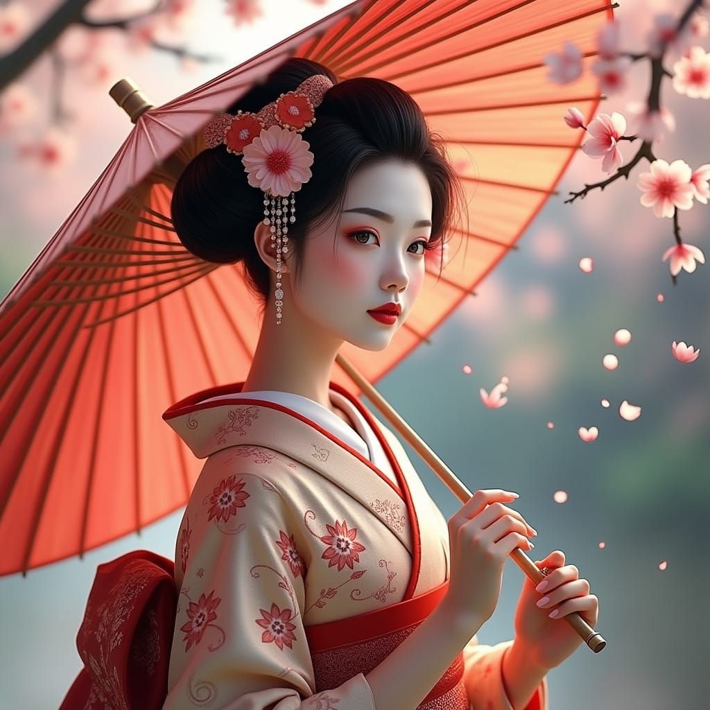 Ethereal Geisha in Cherry Blossom Paradise