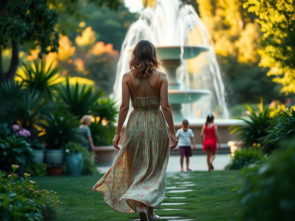 Serene Woman Near Fountain in Summer Light