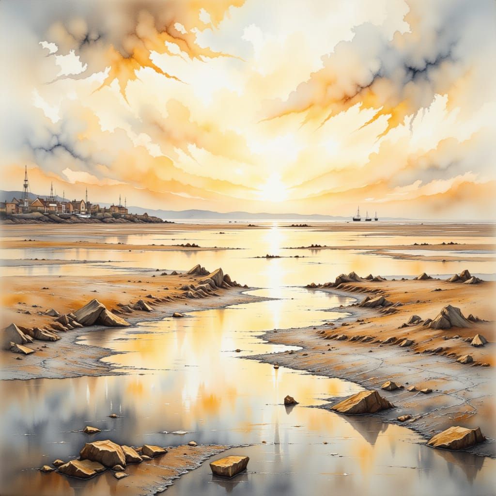 Serene Coastal Mud Flats at Sunset in Watercolour Style