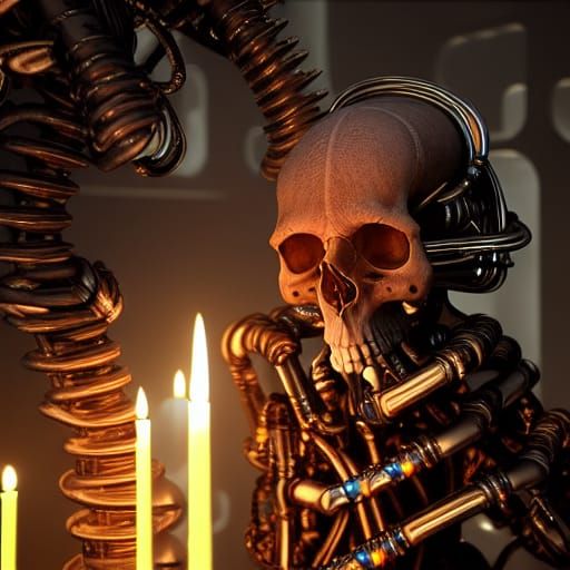 Cybernetic Skull in Candlelit Steampunk Chamber