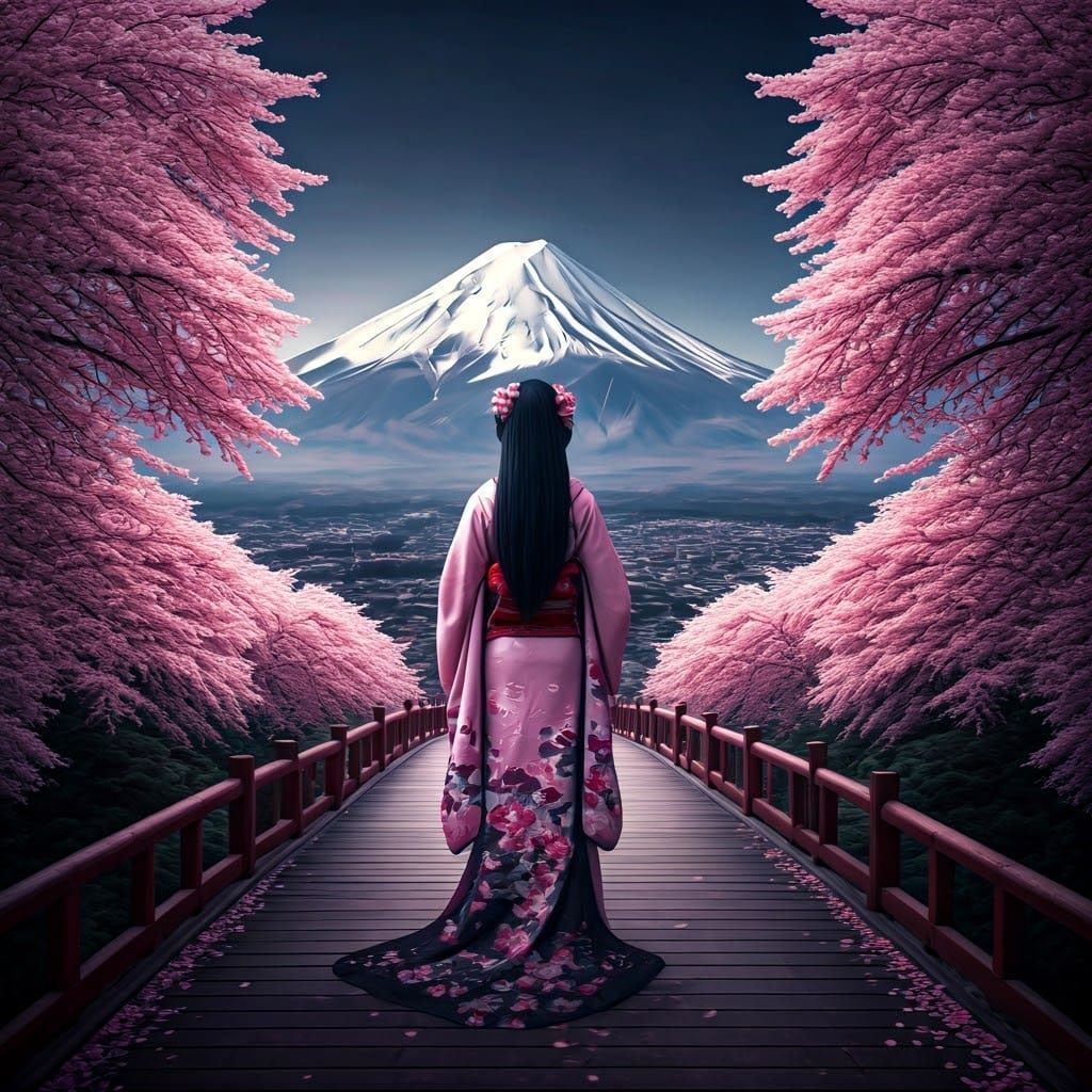 Japanese Goddess Serenely Approaches Mount Fuji in a Cherry...