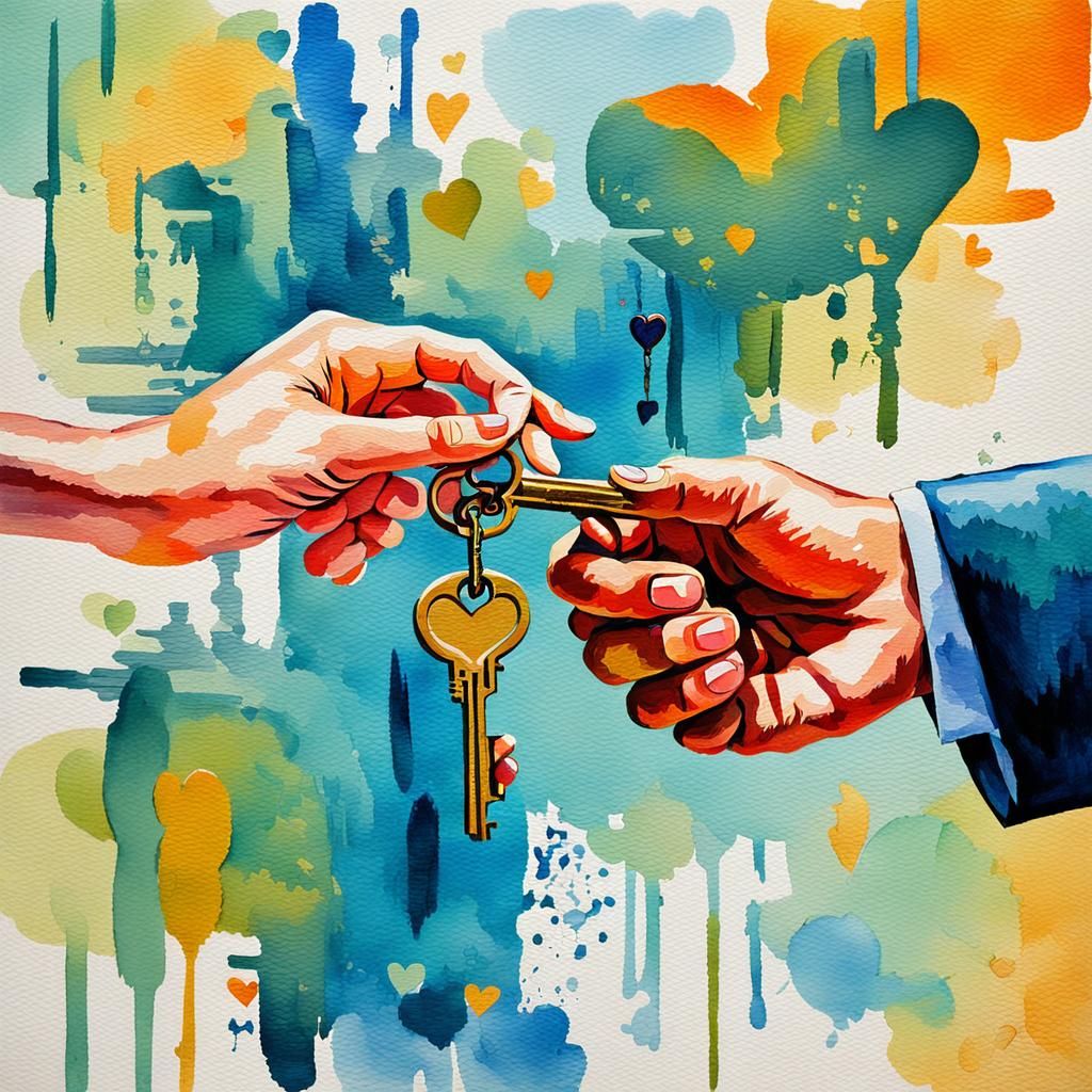 abstract image of woman handing a key to  man and says from this day forward I give you my heart forever in love in Goua...