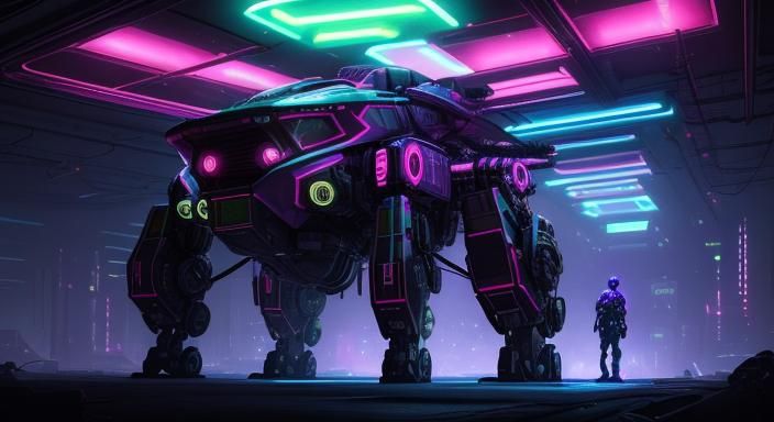 Gargantuan Mecha Suit: Neon-Infused Cinematic Film Still