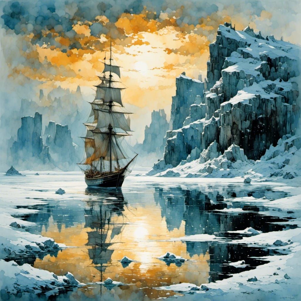 Arctic Sunset Sailing Ship in Icy Landscape