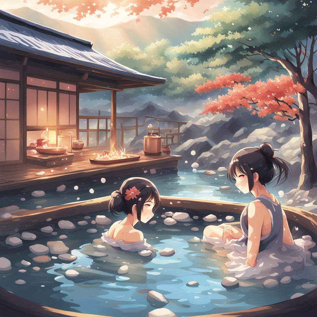 Relaxing Onsen Scene in Anime Style
