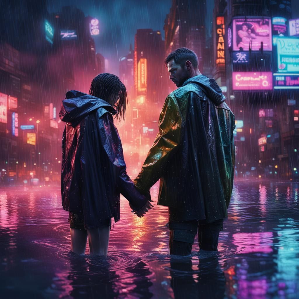 Cyberpunk Couple in Rainy Cityscape with Reflections