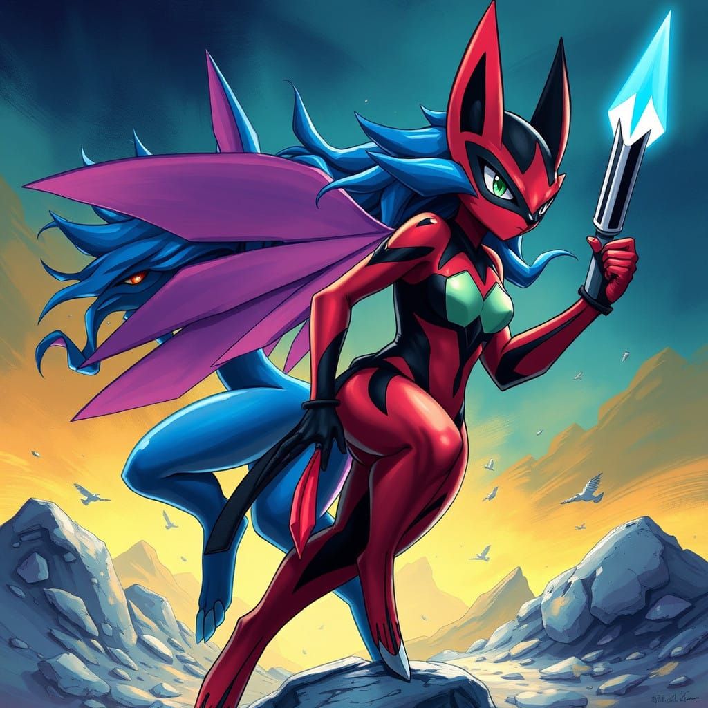 Feminine Zoroark-Lucario in Comic Book Style