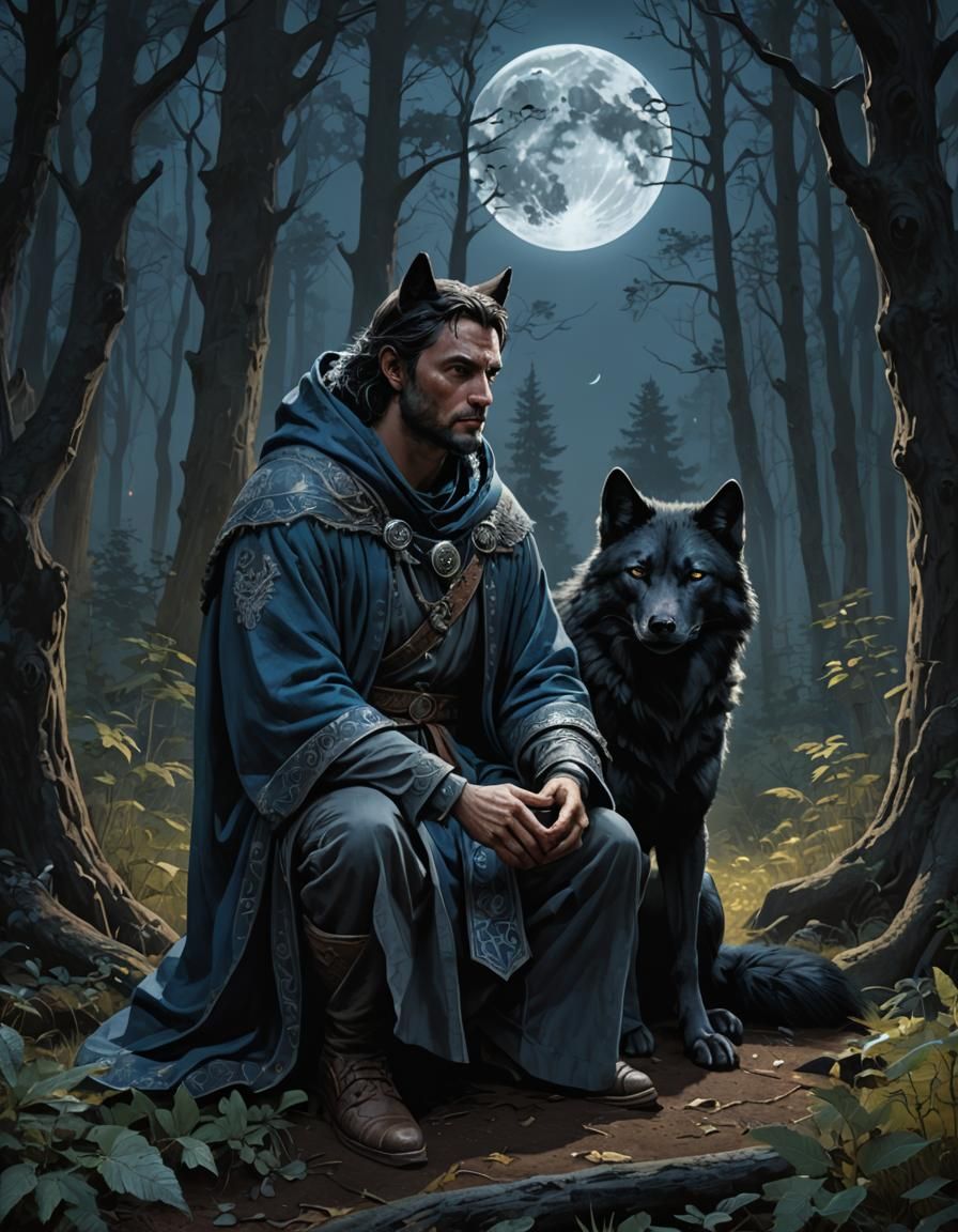 Traveler and Wolf in Dark Forest, Fantasy Art