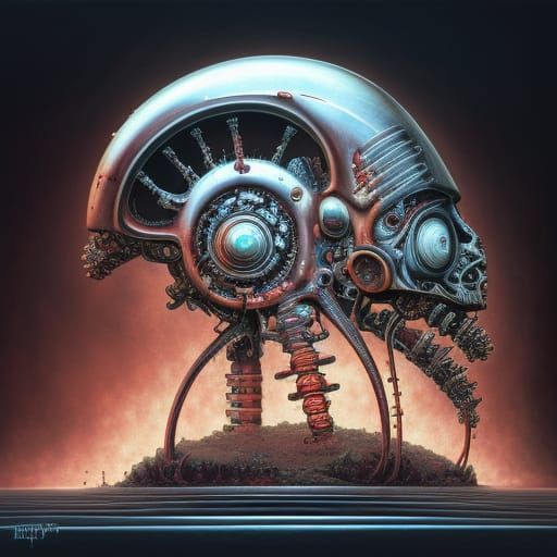 Bloodied Biomechanical Cyborg Rose Bush in Biopunk Style