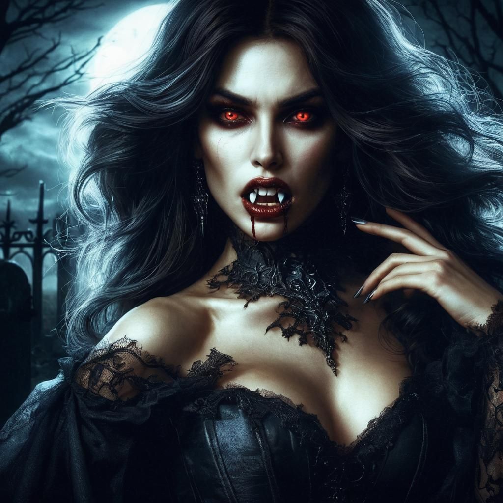 Gothic Vampire in Dark Graveyard: Detailed Digital Art
