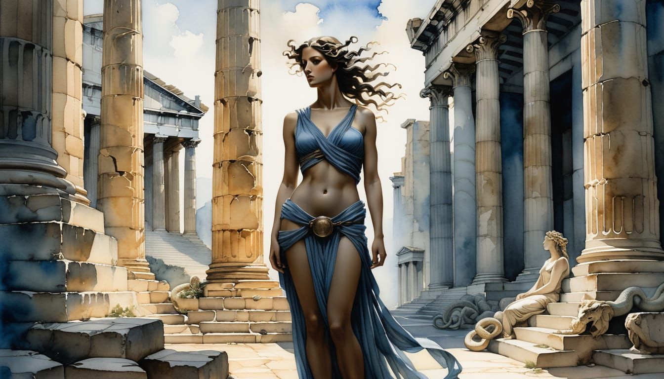 Medusa in Greek Ruins Watercolor Painting