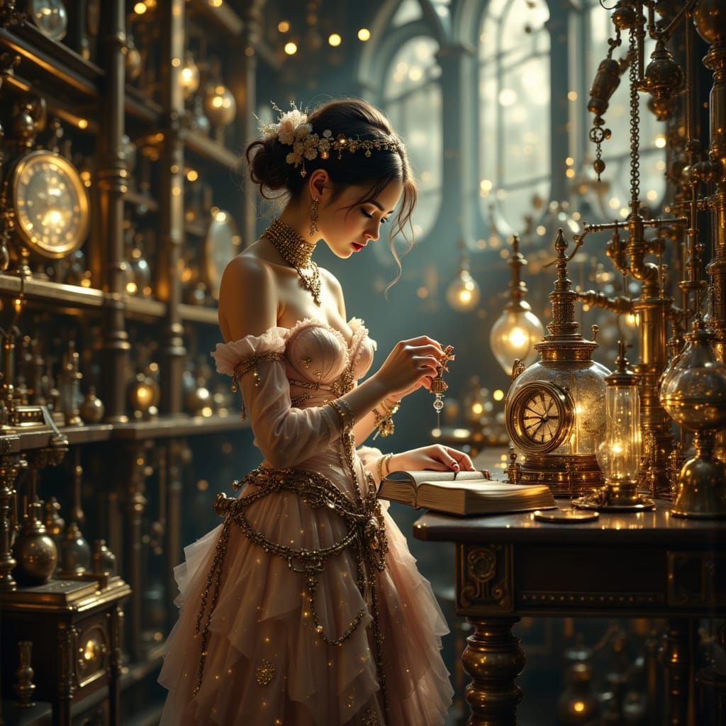 Steampunk Inventor in Victorian Lab with Musician