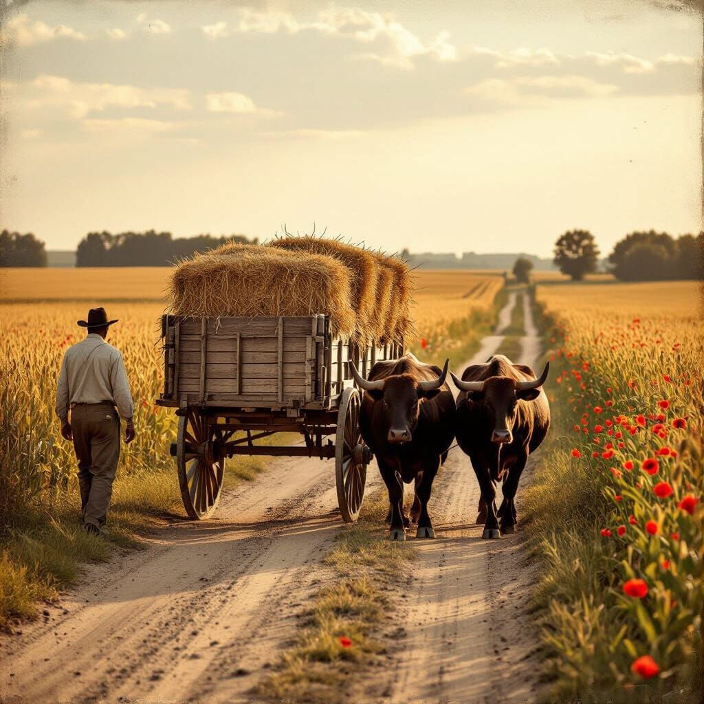 Vintage Sepia Photo: Oxen Pull Hay Cart on Country Road