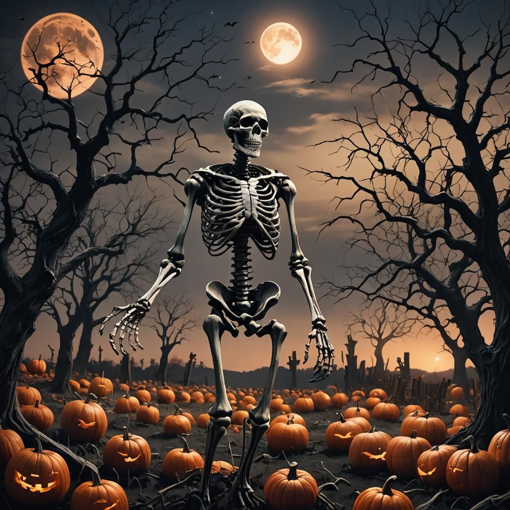 Skeleton in Pumpkin Field: Dark Fantasy Matte Painting