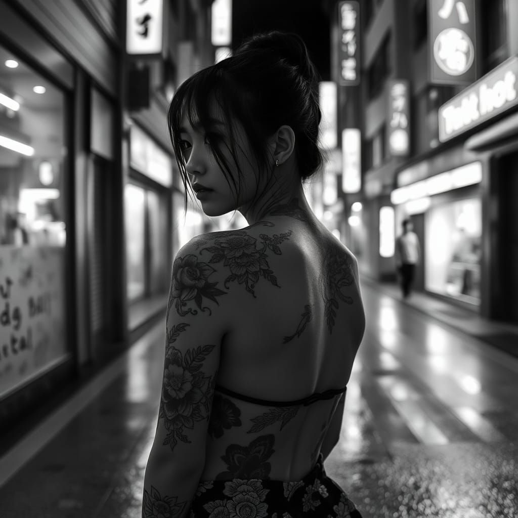 Japanese Model with Tattoos in Tokyo Alleyway