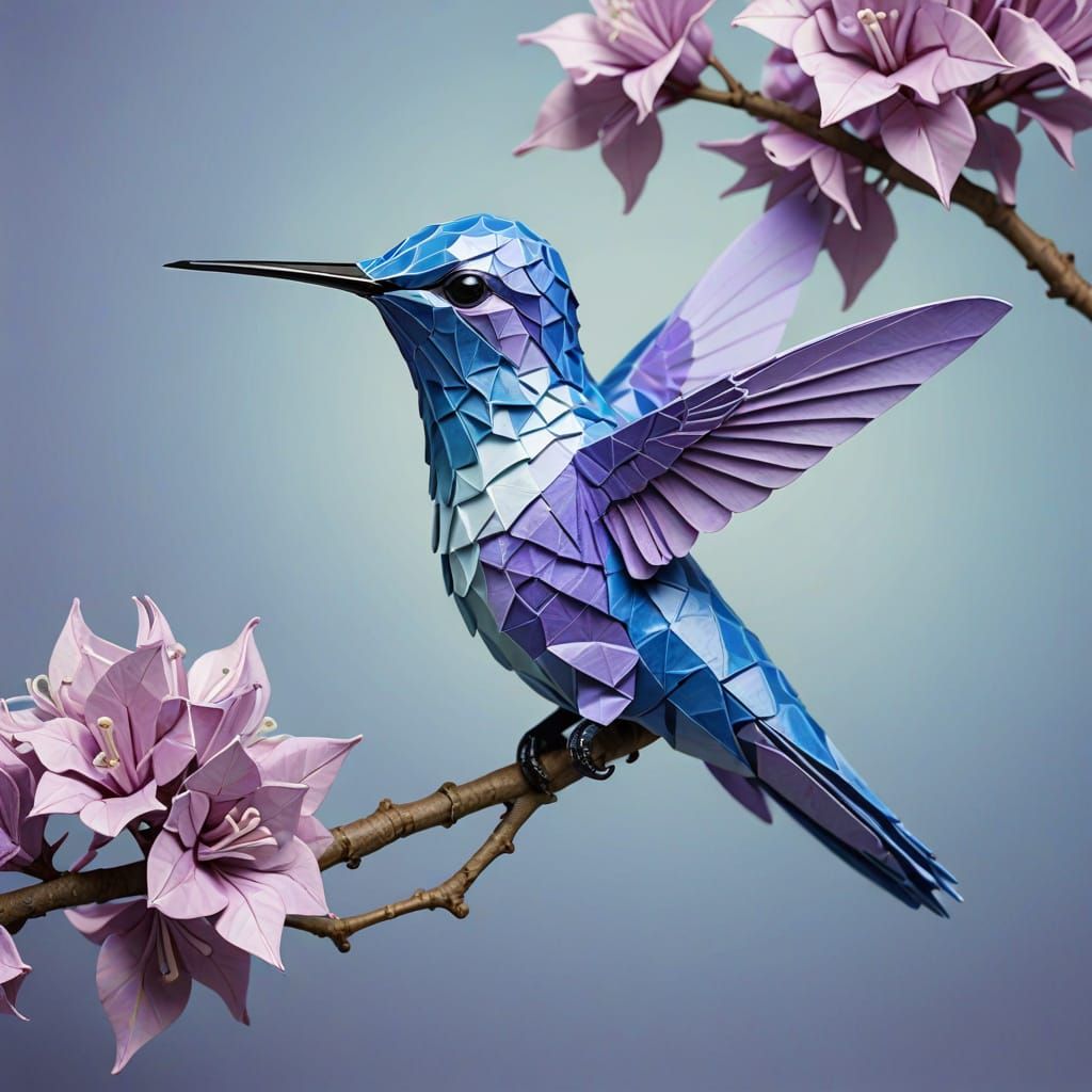 Origami Blue Lilac Hummingbird in Delicate Pastel Hues