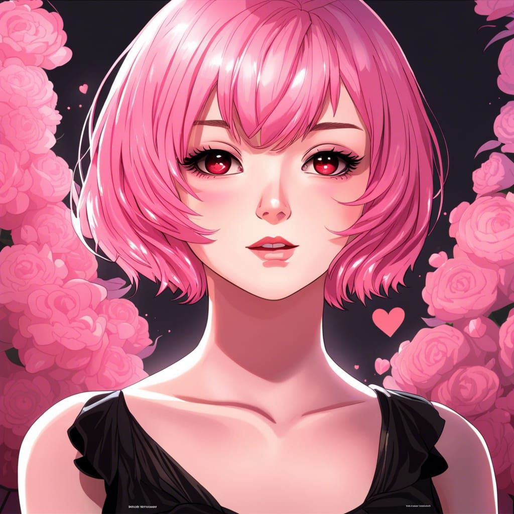 Anime Portrait: Pink-Haired Woman with Heart Pupils