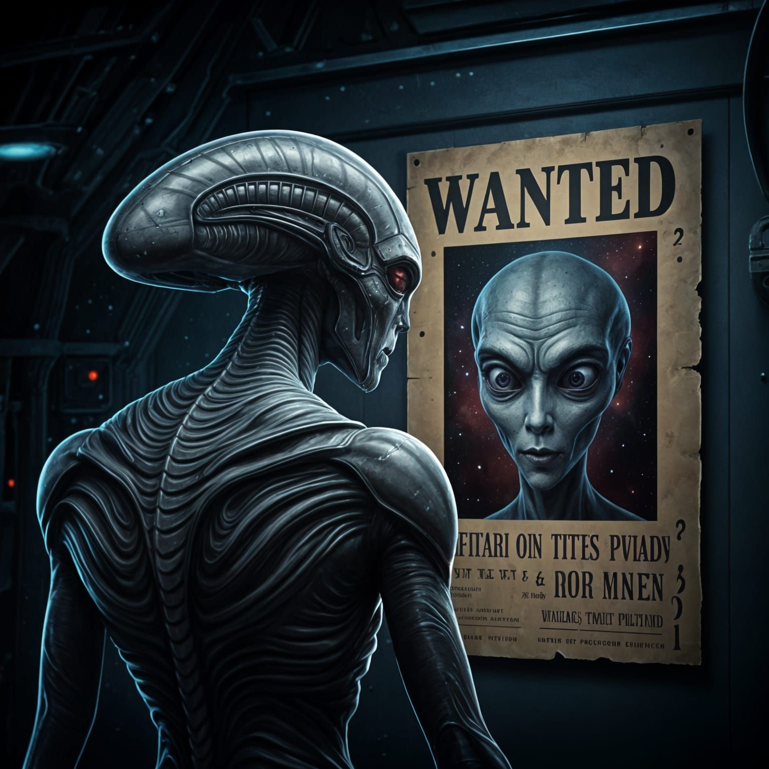 Grey Alien Gazing at Interstellar Wanted Poster