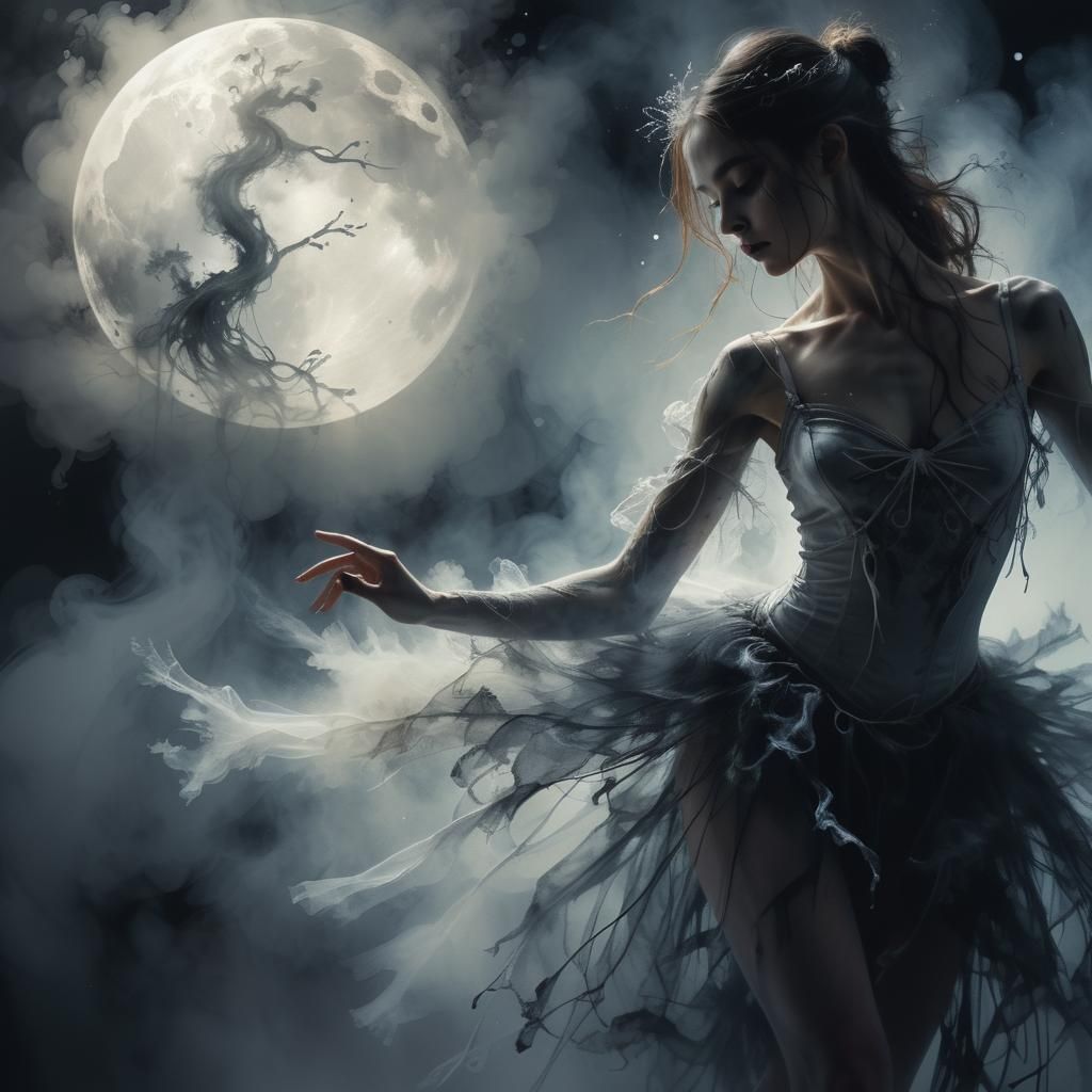 Mysterious Ballerina in Moonlight Mist: Dark Fantasy