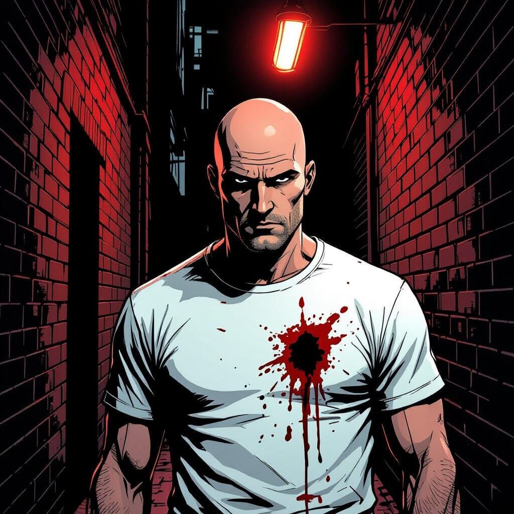 Bald Man in Bloody Shirt in Dark Alley