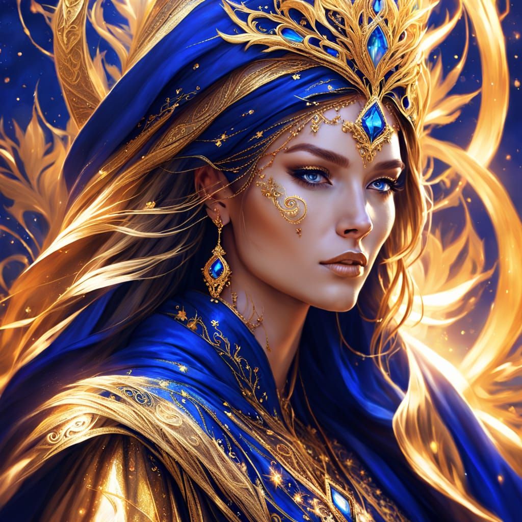 Enchantress in Royal Blue and Gold: Digital Oil Painting
