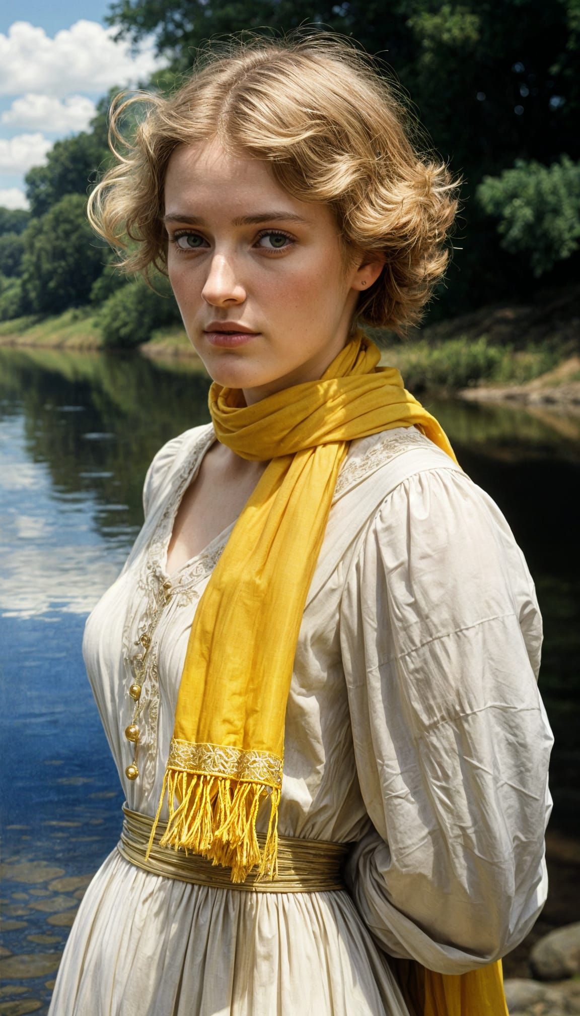 Confident Woman at Riverbank in Pre-Raphaelite Style