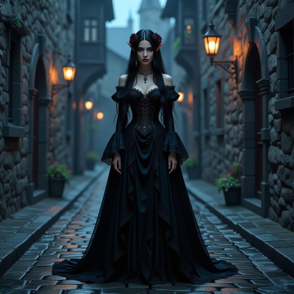 Gothic Elf Princess in Rainy Alleyway Matte Painting