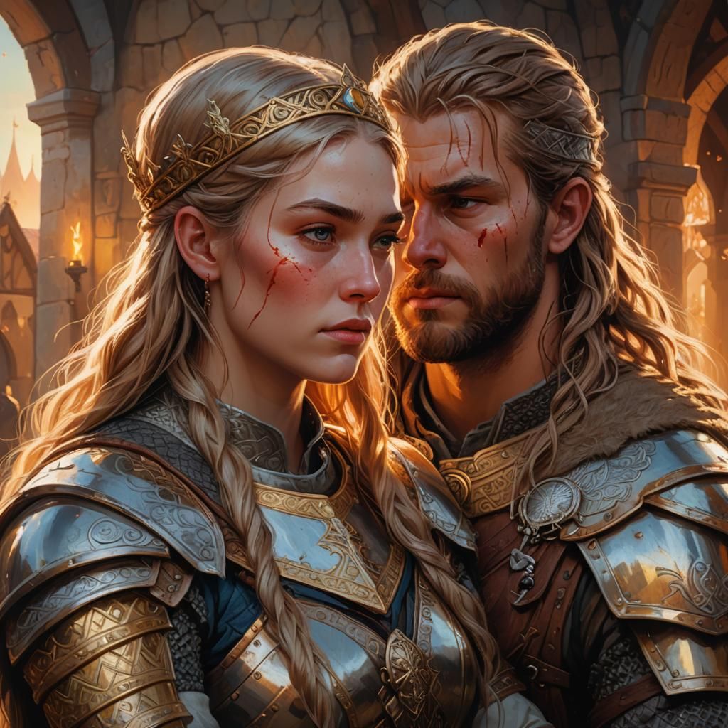 Medieval Princess Comforts Viking Captor: Oil Painting