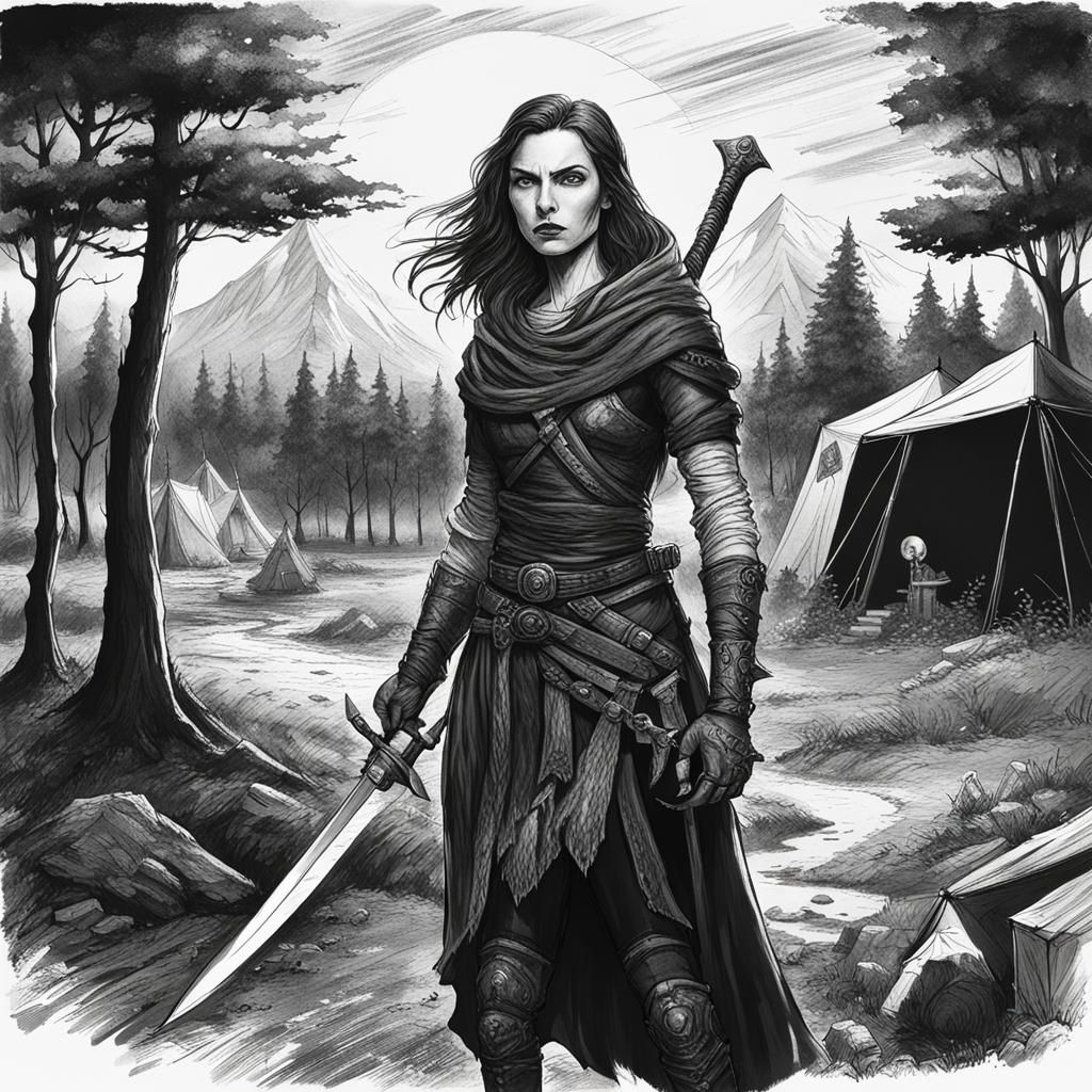 Dark Fantasy Woman with Dagger at Campsite