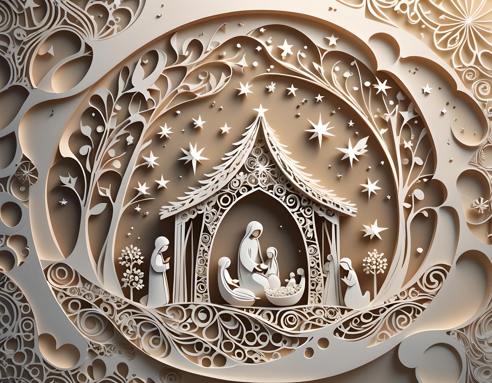 Minimalist Nativity scene abstract vector fractal, wave func...