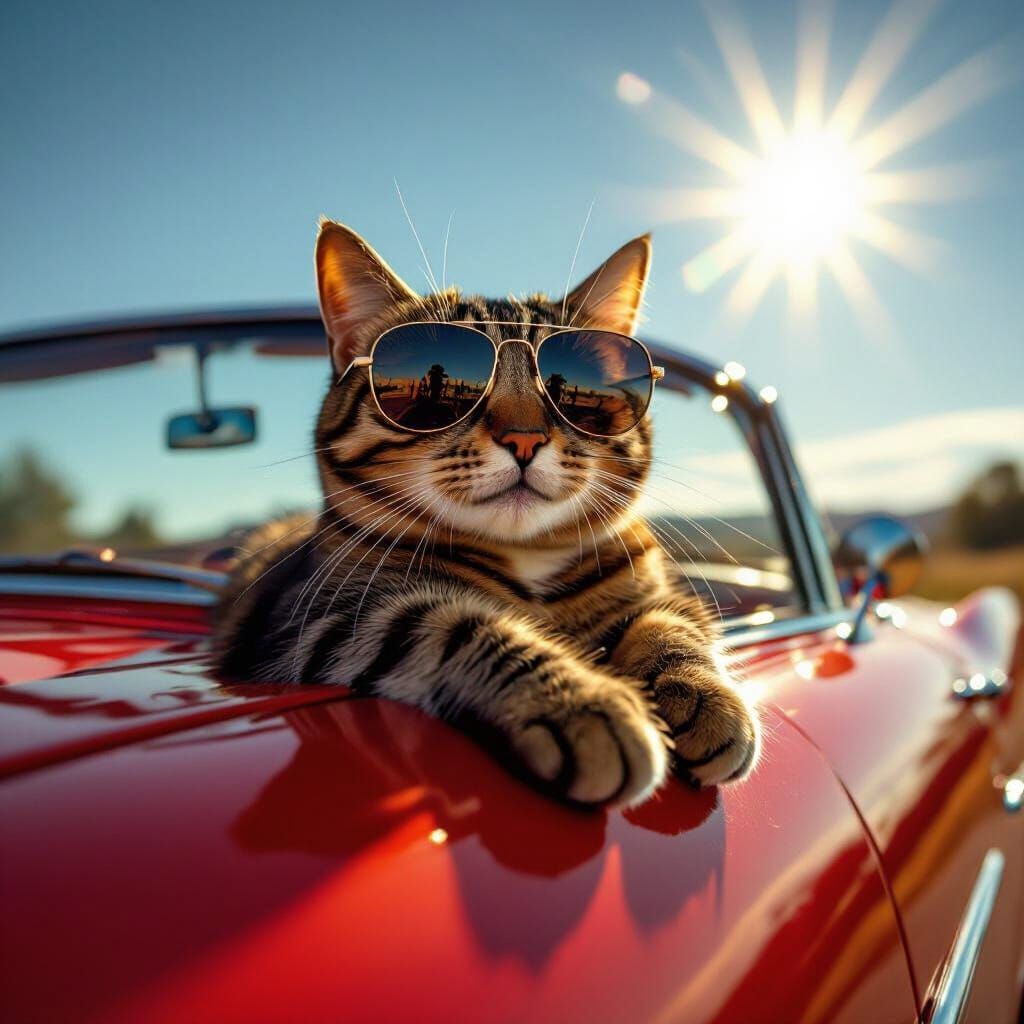 Tabby Cat Lounging on Vintage Car in Sunglasses