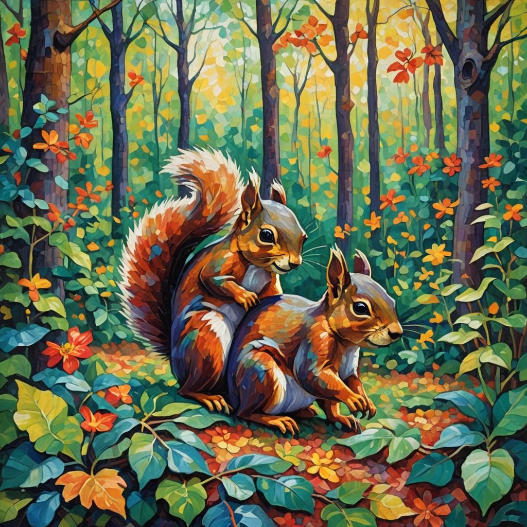 Gymnastics Squirrel in Expressionist Neo-Impressionist Style