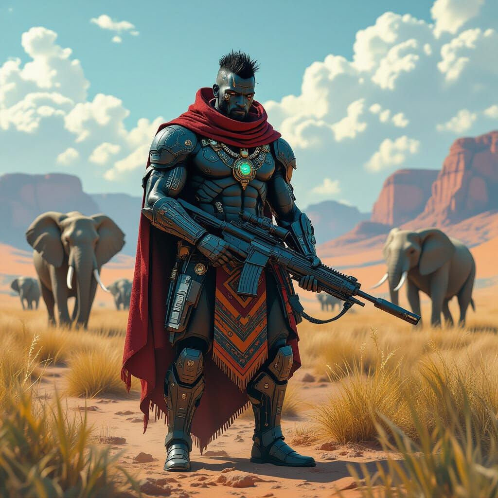 Futuristic Savanna: Biomechanically Enhanced Warrior in Tria...