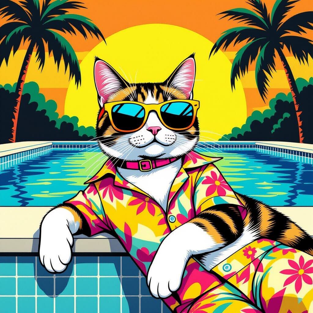 Cat in Sunglasses Lounging by Pool in Pop Art Style