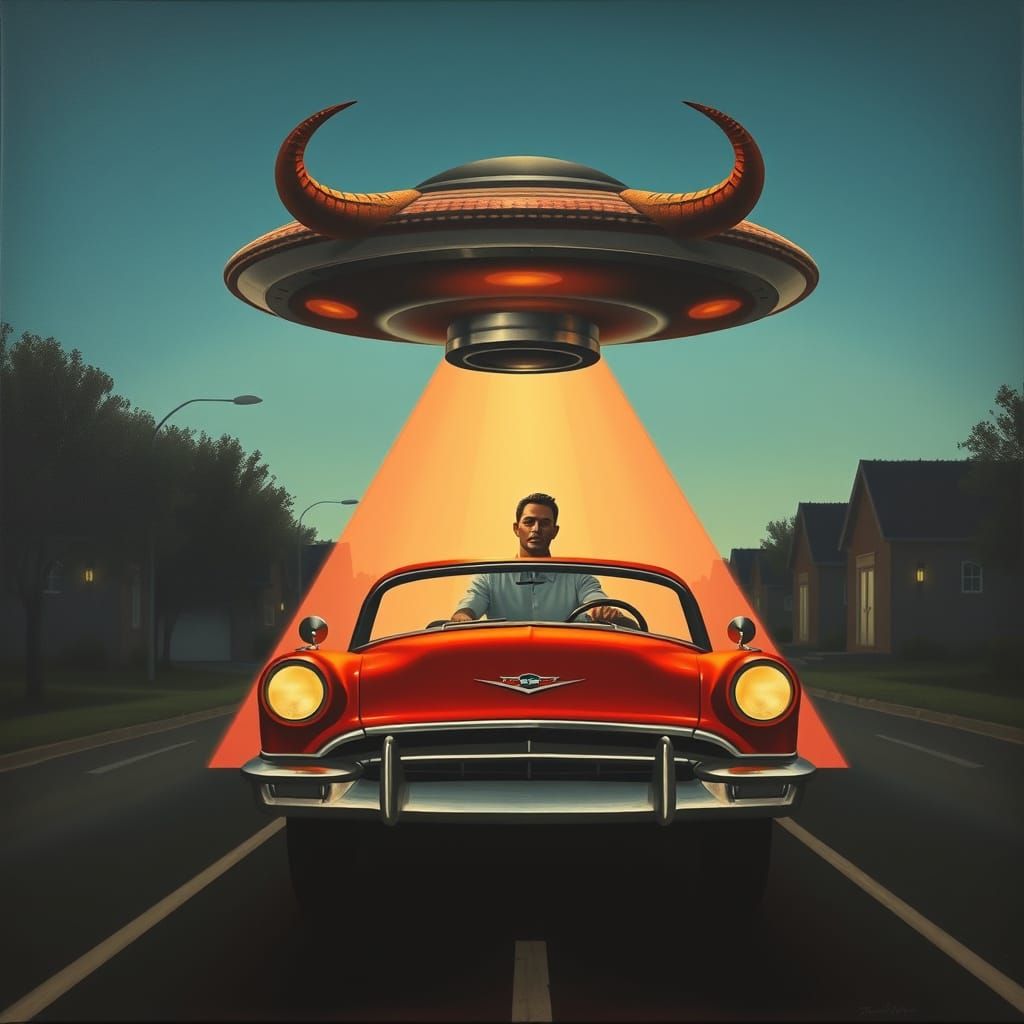 Buffalo UFO Abducts Driver in Retrofuturistic Oil Painting