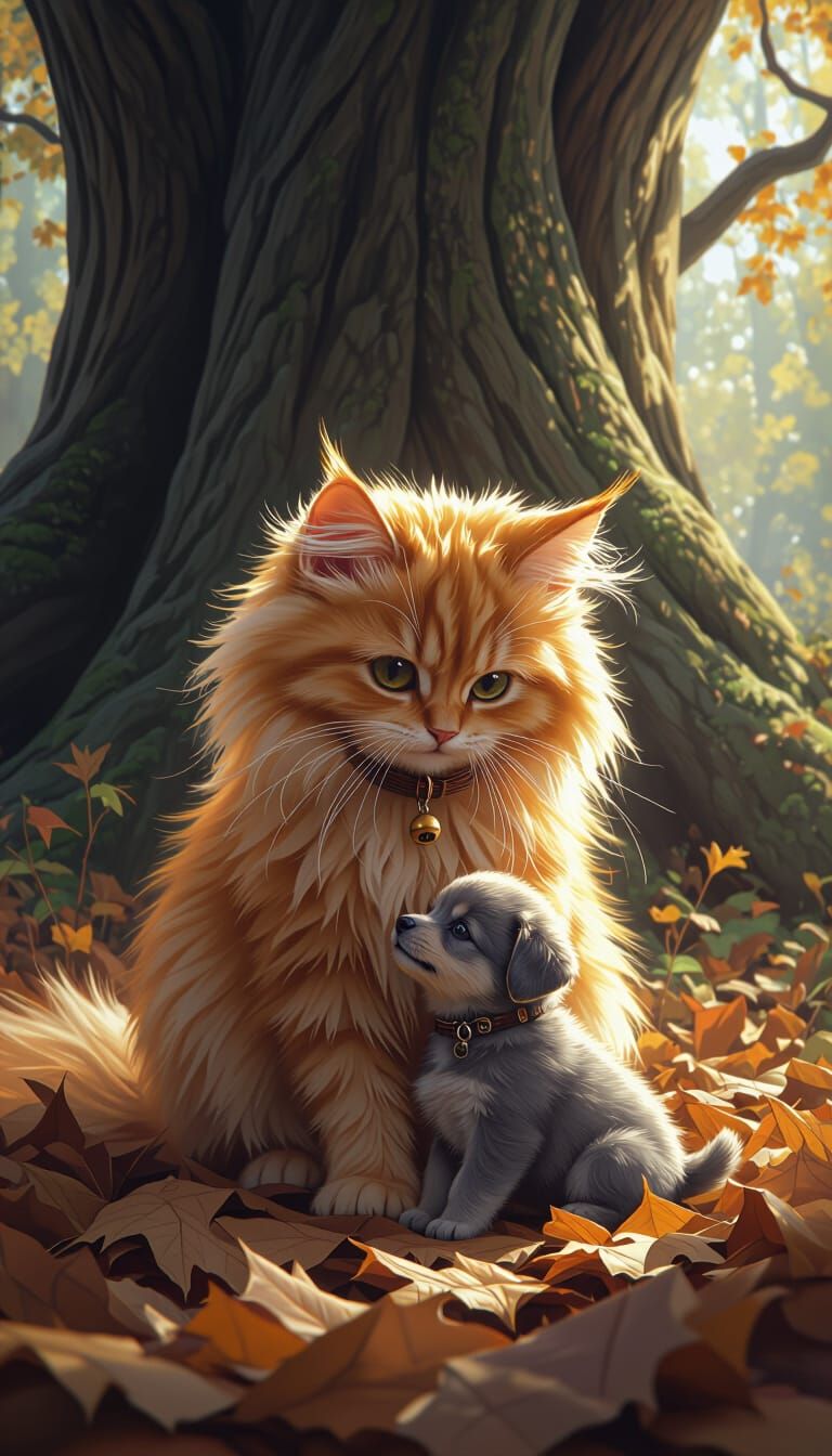 Orange Cat Gently Carries Puppy Onto Autumn Leaves