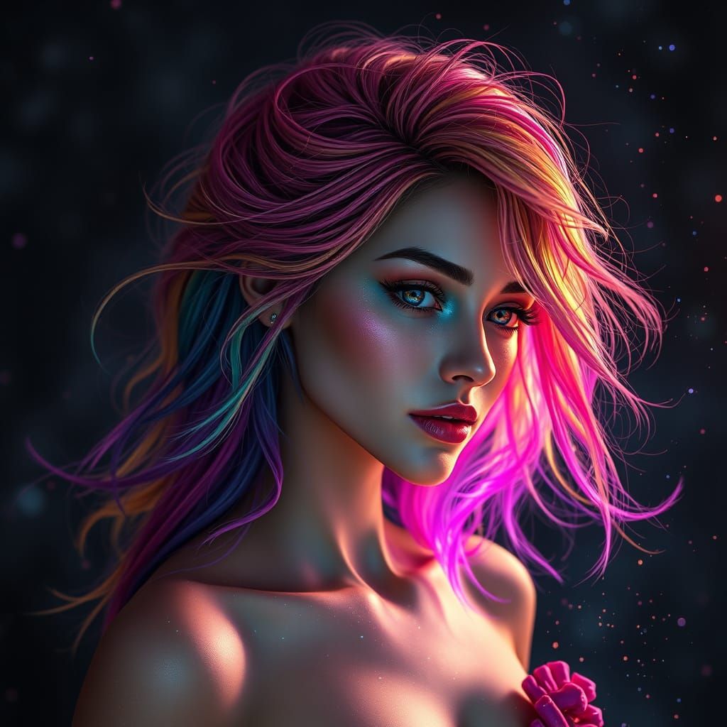 Rainbow Haired Woman in Dark Fantasy Style