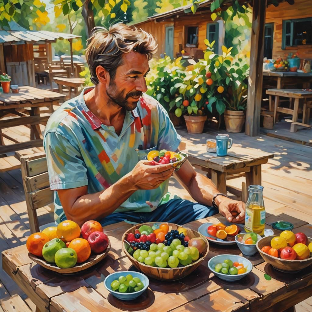 Man Eating Healthy Food as Expressionist Oil Painting