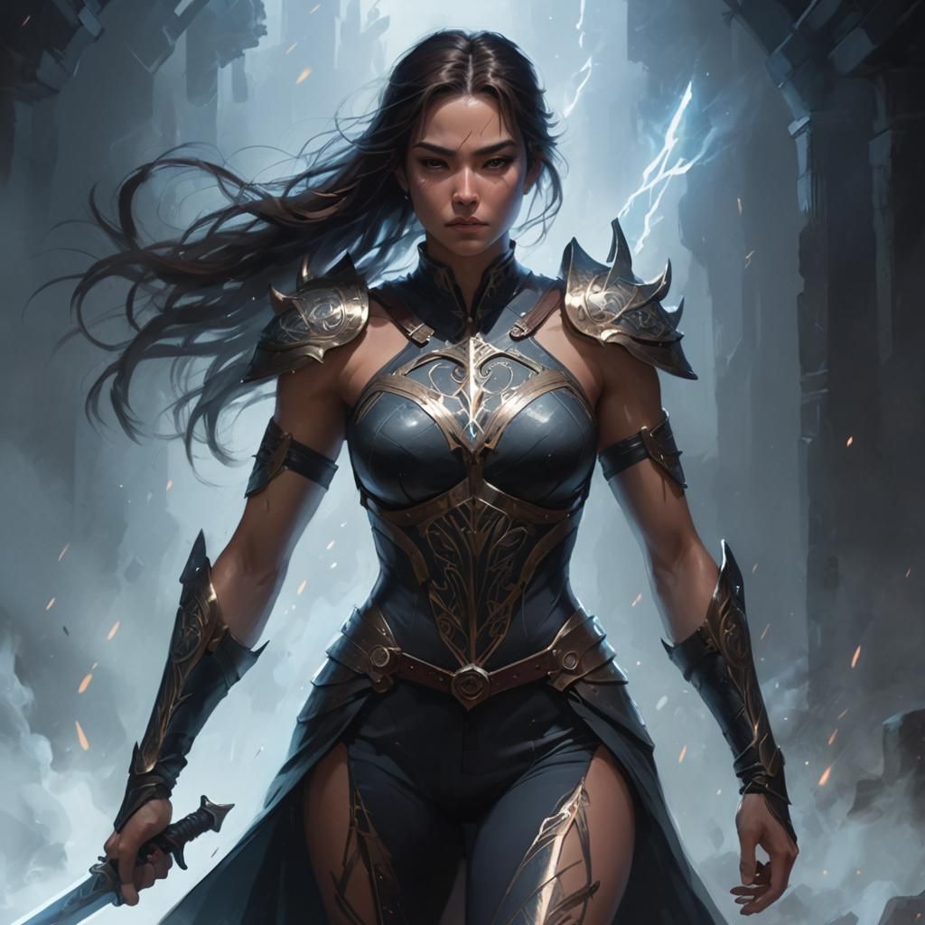 A powerful warrior woman stands confidently in a striking pose, her athletic physique emphasized by a skin-tight bodysui...