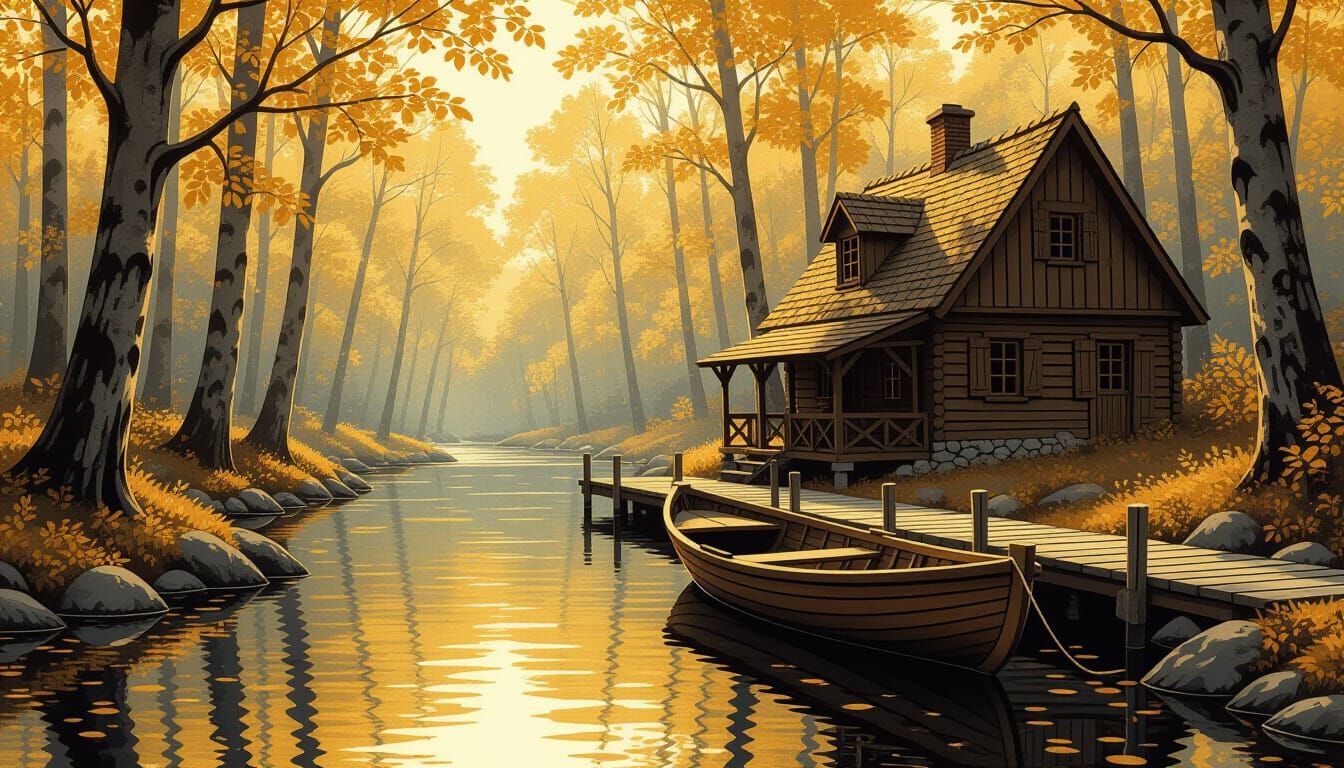 Golden Forest Serenity: Quaint House, River, and Boat