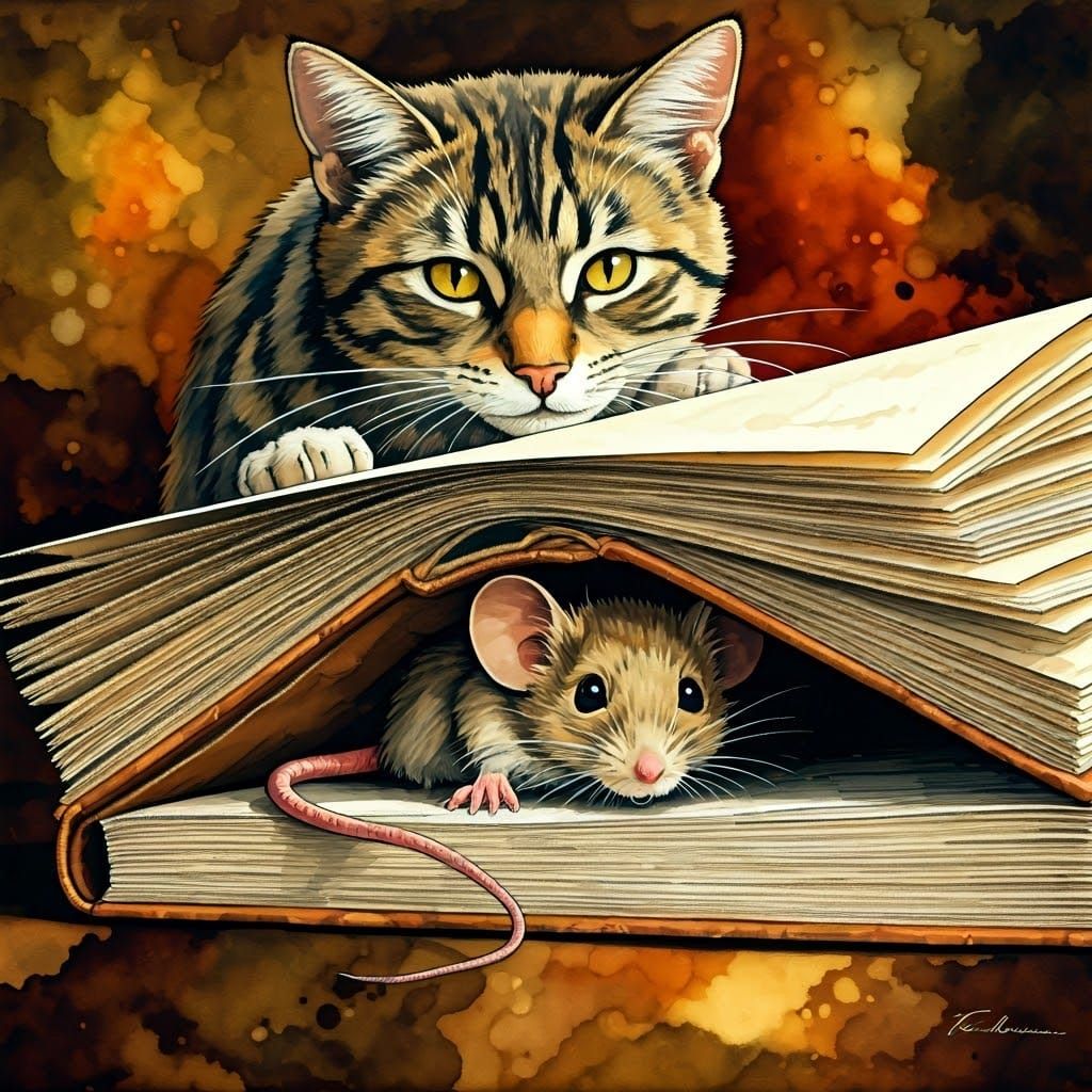 Whimsical Cat and Mouse Hide and Seek in Alcohol Ink Art