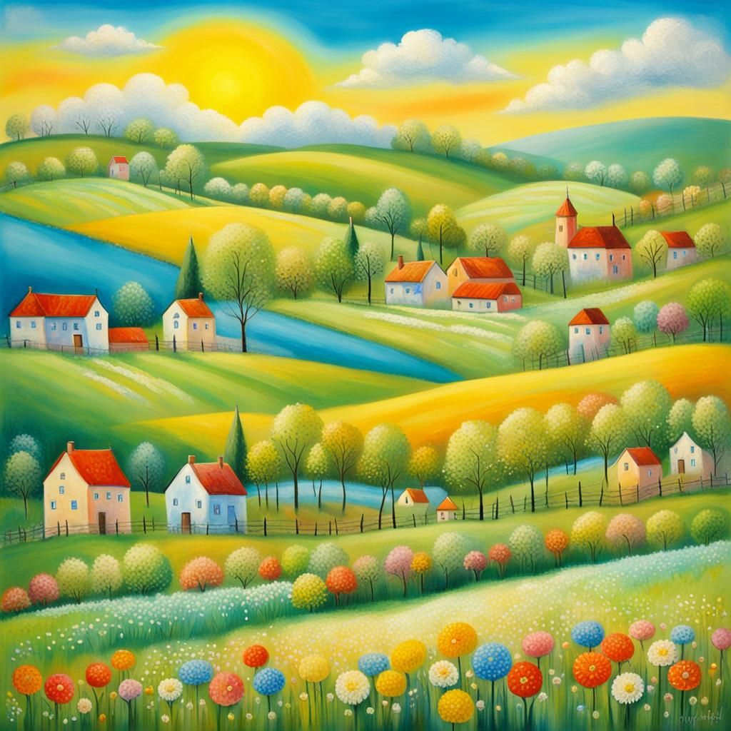 Spring Village Scene in Naive Watercolor Style