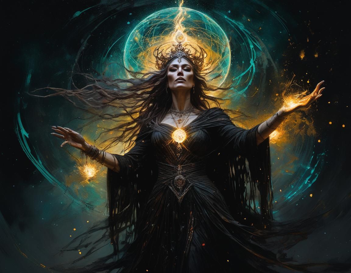 Dark Priestess Sorceress Casting Magic Fireball, Chiaroscuro...