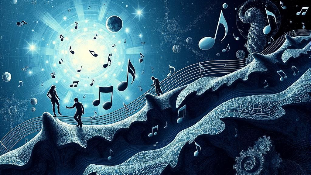 Surreal Fantasy Scene with Music Notes and Fractals