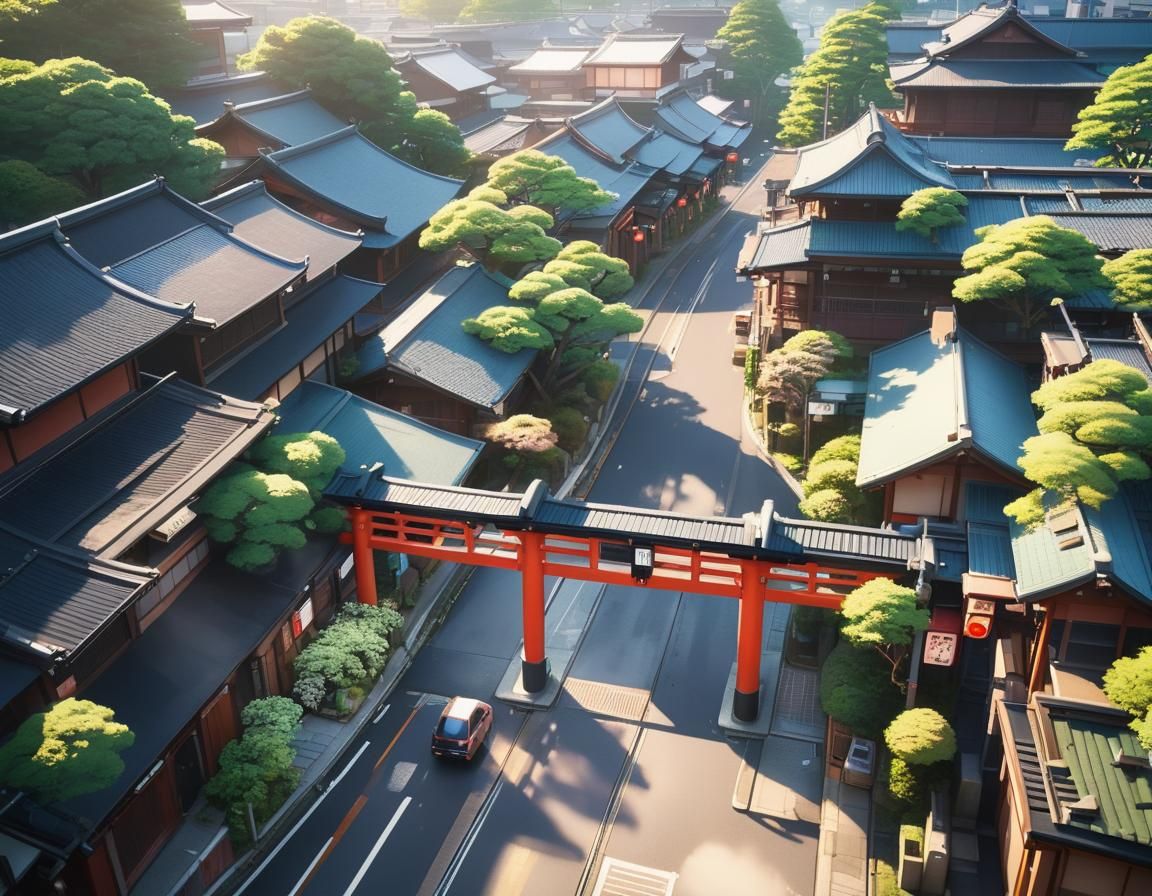 Serene Japanese Town in Anime Style Concept Art