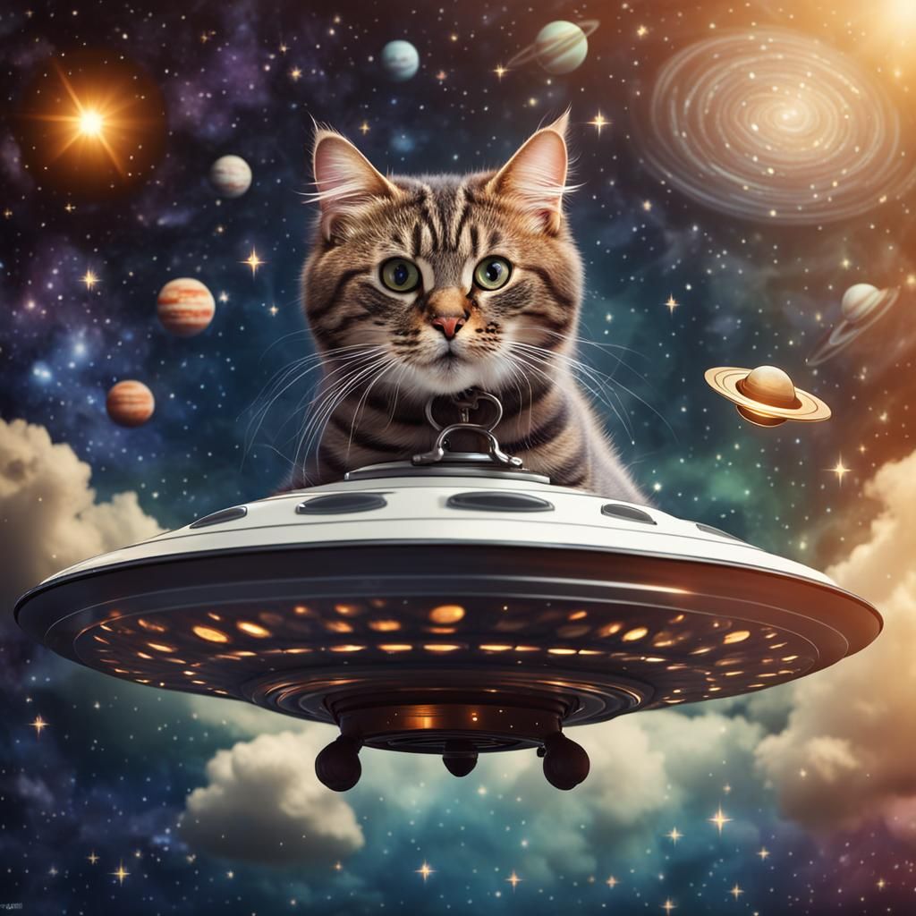 Cat Piloting a Flying Saucer in Space