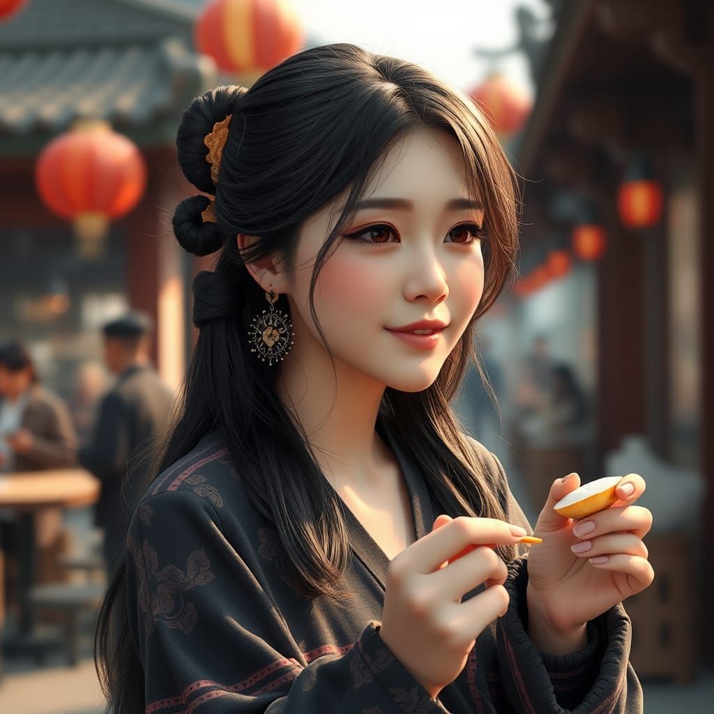 Anime Style Young Woman Enjoying Street Food