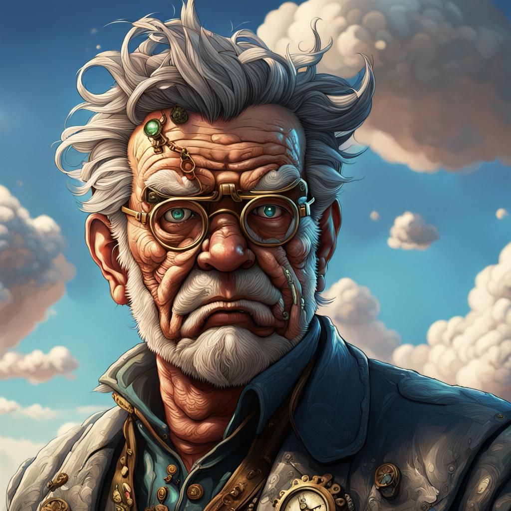 Steampunk Cloud with Nerdy Companion, Hyperrealistic Art