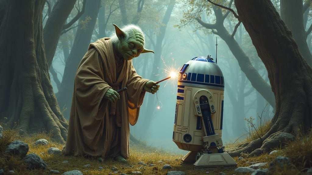 Ancient Yoda Meets Futuristic R2D2 in a Hyperrealistic Misty...