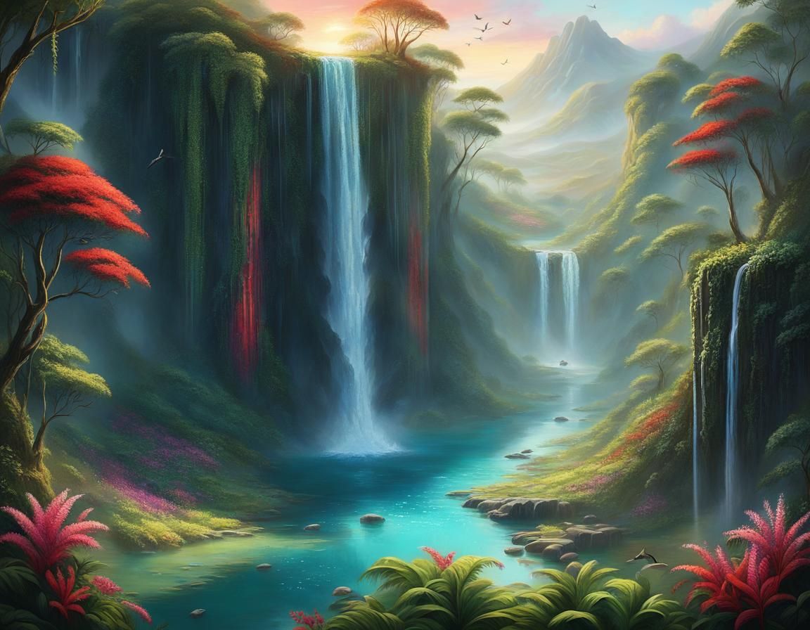 Hidden Valley Waterfall in Vibrant Oil Painting